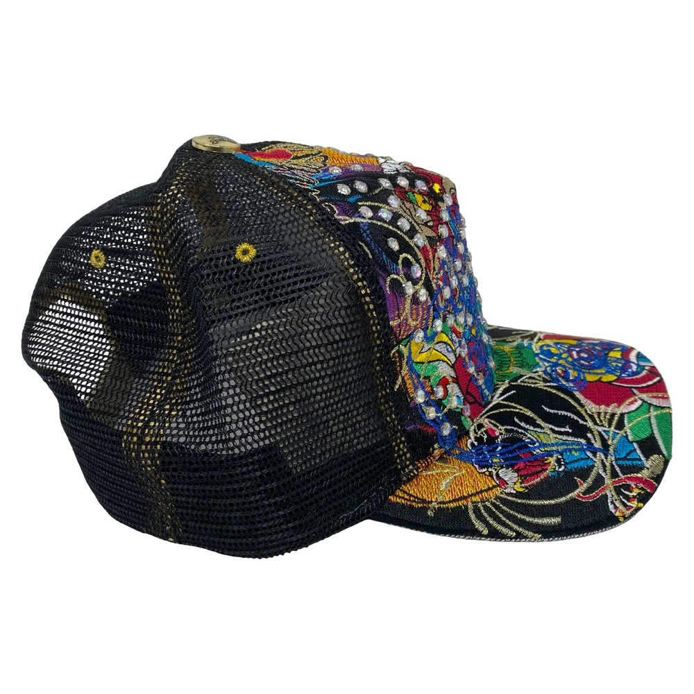 Christian Audigier Skull Rhinestone Embroidered Mesh Trucker Hat Black Multi - Picture 8 of 14